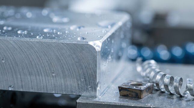 Precision milled metal surface with tool marks, coolant droplets and cutting insert in machine shop