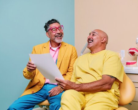 Dentist and patient laughing while reviewing a blank dental plan in a bright clinic, featuring sharp textures for orthodontic providers and trust