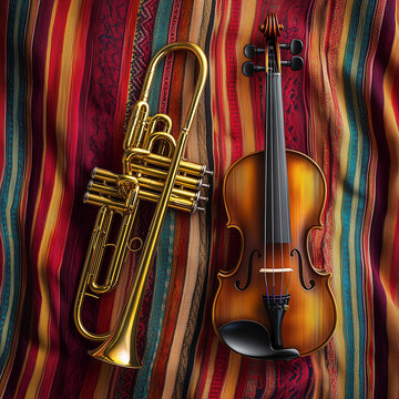 Trumpet and violin on colorful striped textile background