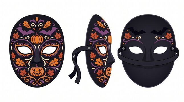 Halloween Decorative Mask Set with Pumpkin Bat and Autumn Leaf Patterns Front Side and Back View Vector Illustration