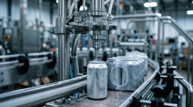 Beverage can filling head on factory conveyor with condensation droplets on brushed aluminum multipack
