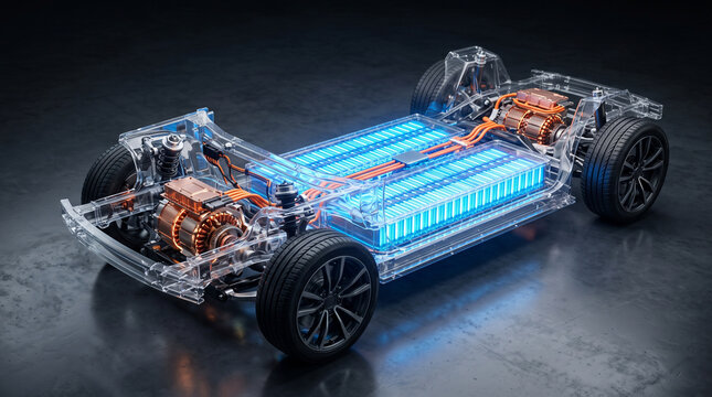 A transparent 3D view of an EV chassis showcasing glowing blue solid state battery packs and copper electric motors on a dark studio floor. Next-gen automotive engineering.