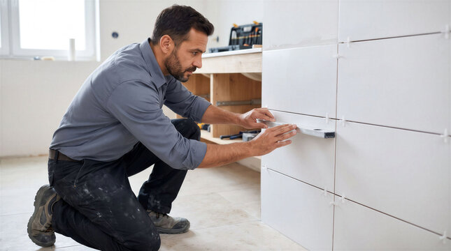 Worker aligning ceramic tiles on a wall during renovation. Precise installation work creates a clean professional finish