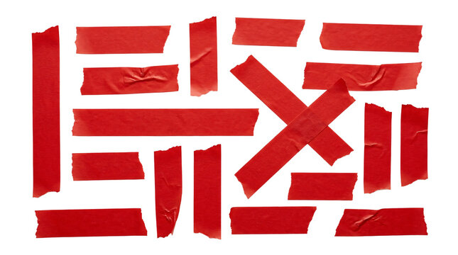 Red duct tape strips collection isolated as various torn adhesive paper pieces on transparent background