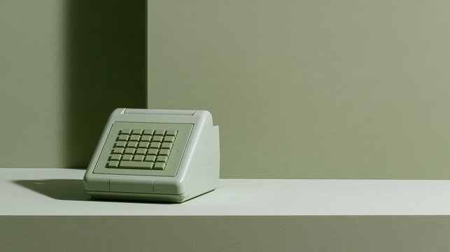 Electronic voting machine in pale celadon green, a blank matte device resting on a smooth surface with copy space for a mockup