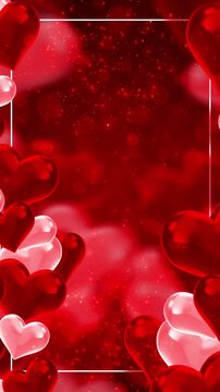 Floating 3D hearts decorate vivid red backdrop white border center open for text. Valentine sales, engagement announcements, wedding titles, romantic cards, relationship videos and festive events.