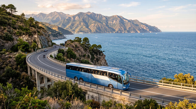 A wide-angle view of a large tourist coach bus cruising smoothly on an elevated scenic coastal highway with a vast deep blue sea and distant mountains.