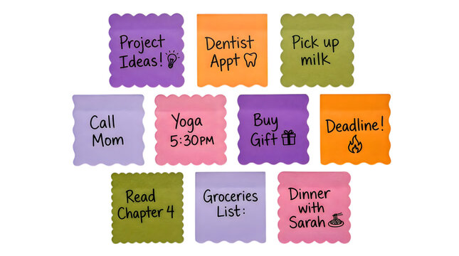 Set of colorful sticky notes with handwritten business and office task reminders isolated on a simple surface