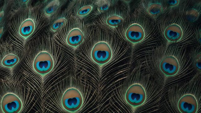 Peacock feathers detail with cinematic motion and bokeh during soft studio lighting for luxury branding