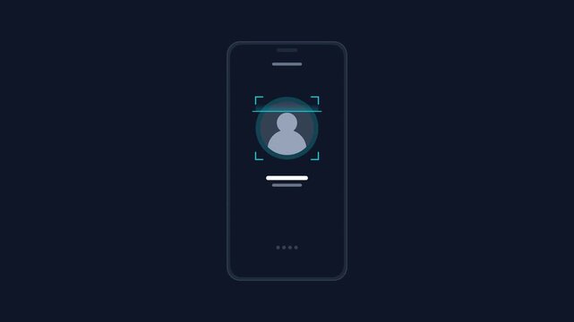 Biometric facial recognition on a generic smartphone screen animation with a scanning progress bar and successful access granted icon for mobile security and digital privacy concepts.