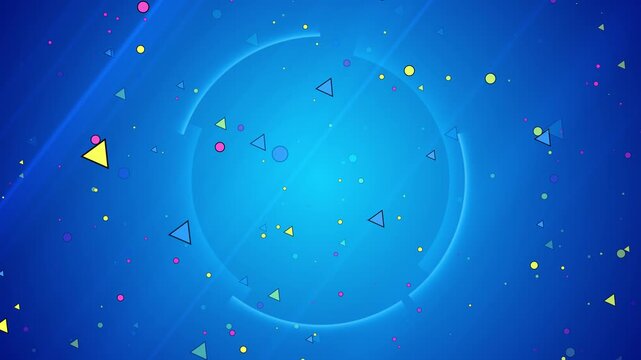 Playful circles and triangles float blue gradient central round panel copy space. children's videos, education, presentations, social media, product promo, event titles, gaming, vivid motion graphics.