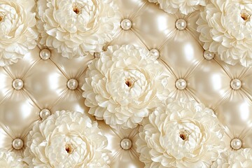 Obraz premium Luxury quilted cream leather upholstery background featuring white peonies and pearl buttons