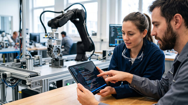 Engineers review complex robotic arm movement code on a sleek tablet while the robotic arm operates in the background of a bright modern laboratory.