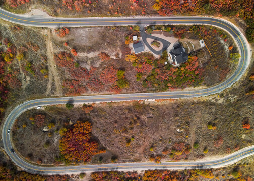Aerial view of a winding mountain road with sharp switchbacks surrounded by vibrant autumn foliage, a house with a driveway, and scattered trees in Ogden, Utah, United States.