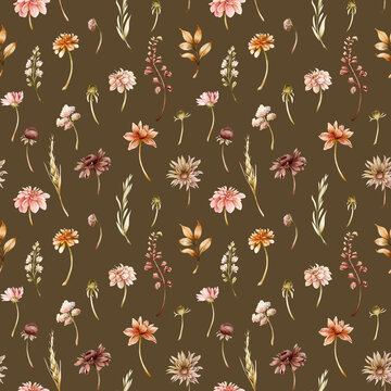 Autumn flower Seamless Pattern Dahlia Chrysanthemum Aster wildflower. Watercolor hand drawn floral illustration on brown