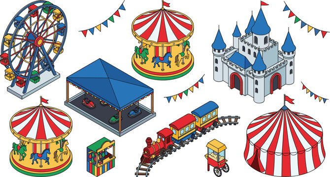 Amusement park and carnival isometric vector illustrations set with ferris wheel carousel circus tent castle train and rides