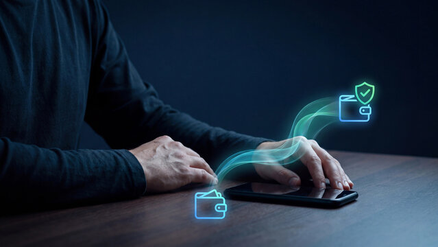 Digital wallet transfer and fund migration concept, hand on smartphone in dark room with holographic wallet stream flowing to shield checkmark for safe money backup, privacy and account security