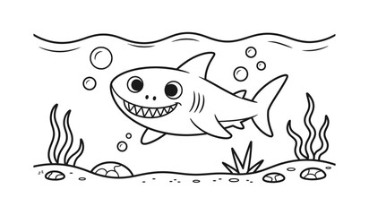 Obraz premium Cute cartoon shark swimming underwater with bubbles and seaweed, black and white line art style