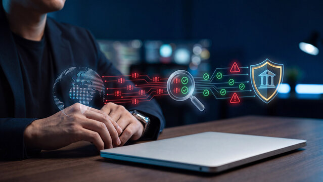 Global fraud screening and bank risk monitoring concept, businessman hand at laptop with holographic globe alert signal, magnifier filter checkmark and shield institution symbol for compliance