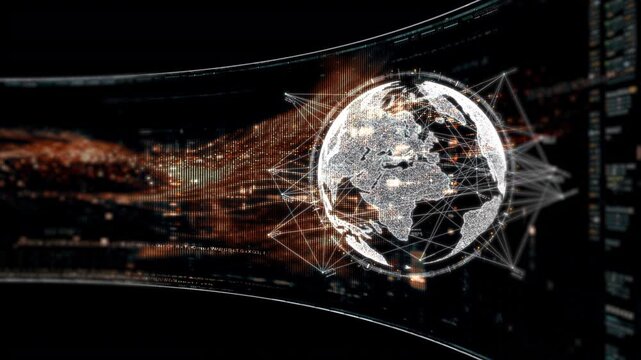 Abstract particle motion with vibrant colors, digital flowing particles, VR, futuristic sci-fi, tech innovation, and immersive cyber space background