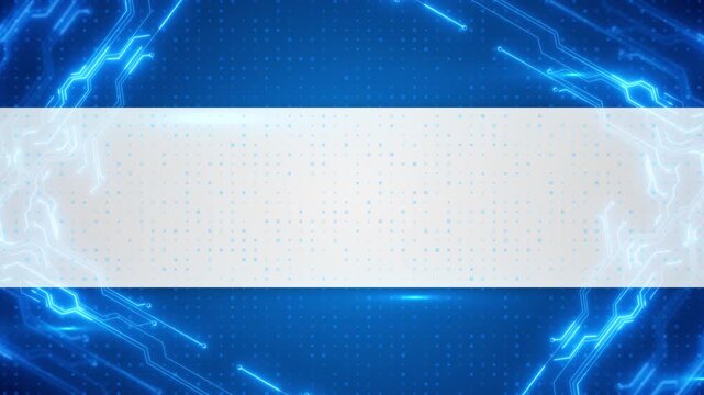 Glowing circuit lines wide panel blue digital background square patterns. artificial intelligence, cybersecurity, software advertising, technology presentations, website headers, corporate titles.