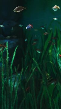 Different Colored Fish In Ocean Aquarium. Colorful Cichlids Swim At Aquarium. Cichlids Large, Diverse, And Widespread Family Cichlidae, Order Cichliformes. Colorful Fishes Float In Zoo Aquarium