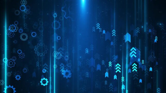 3D blue gears rotate rising arrows light streams, automation, productivity, digital transformation. for business growth, process improvement, engineering, strategy, innovation, corporate presentations