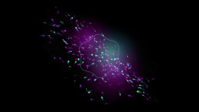Abstract biological fertilization concept, microscopic sperm cells swimming toward egg cell, purple and teal glowing reproductive science animation