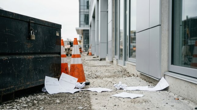 Locked tool chest and unpaid invoices beside a finished building facade, symbolizing subcontractor payment disputes and construction debt.