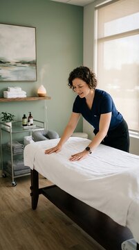 Professional Massage Therapist Preparing Massage Table in Spa Setting.