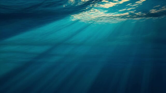 Sunlight beams through ocean surface waves underwater with cinematic motion and tranquil blue depths
