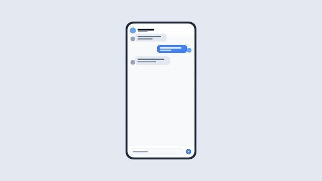 Minimalist animation of a generic smartphone screen displaying an automated chat interface with blue and grey speech bubbles for customer service, support, and social media messaging concepts.