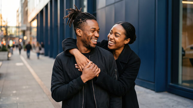Happy young couple embracing on an urban street while sharing a joyful moment of love and togetherness