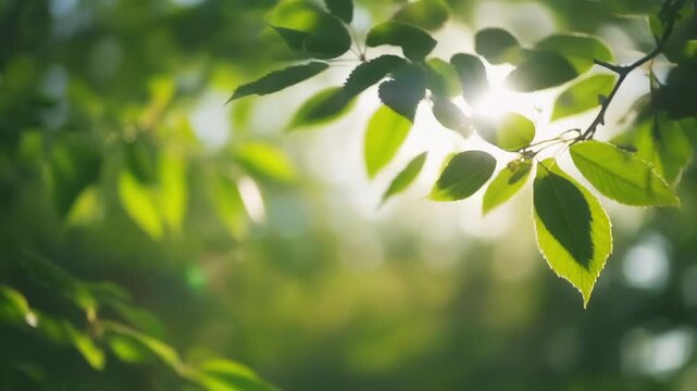 Sunlight filtering through fresh green leaves during a gentle breeze with bokeh effect