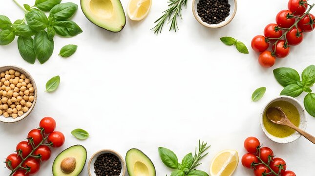 Fresh organic ingredients arranged in a circular frame on a white surface
