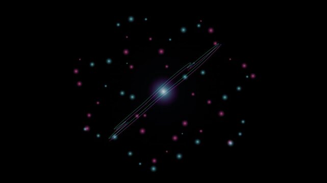 Abstract atomic structure with glowing nucleus and orbiting particles. Scientific visualization of subatomic physics. Microscopic molecule animation.