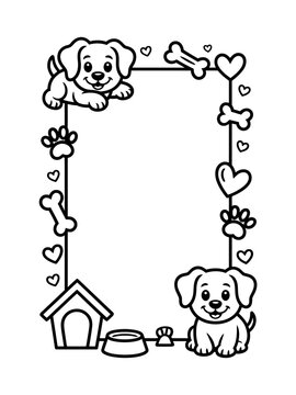 Cute puppy themed coloring page frame with dog house, bowl, bones, paw prints, and hearts