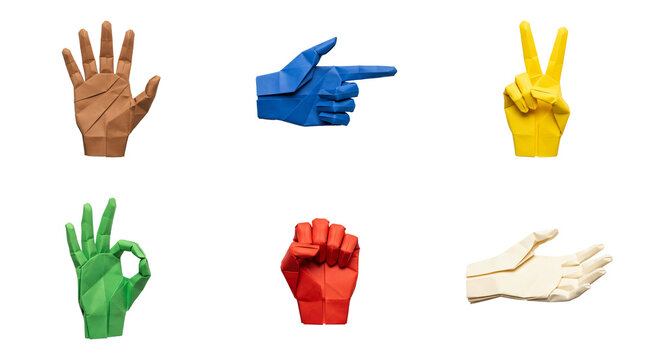 Origami paper hands set showing various gestures and colorful creative signs isolated on transparent background