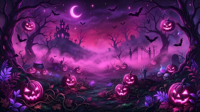 Mysterious jack o lanterns under night sky