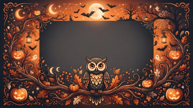 Halloween owl with pumpkins and moon background