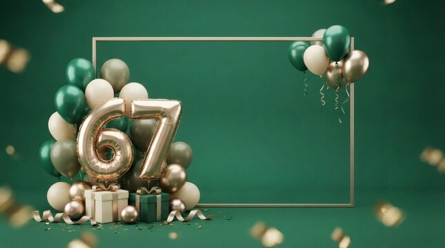 Elegant 67th Birthday Celebration Background with Green and Gold Balloons and Gifts
