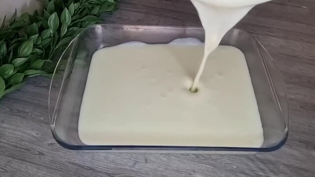 Pouring Milk Pudding into Glass Baking Dish | Muhallabiya Recipe HD