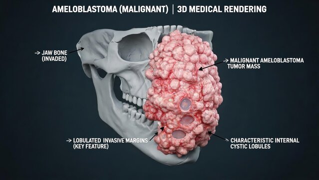 3D Medical Render of Malignant Ameloblastoma, Labeled Jaw Bone Invasion, Lobulated Tumor with Cystic Lobules