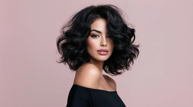 Beautiful young woman with voluminous long black wavy hair posing elegantly against soft pastel pink studio background while wearing makeup and stylish black shoulder top in professional portrait