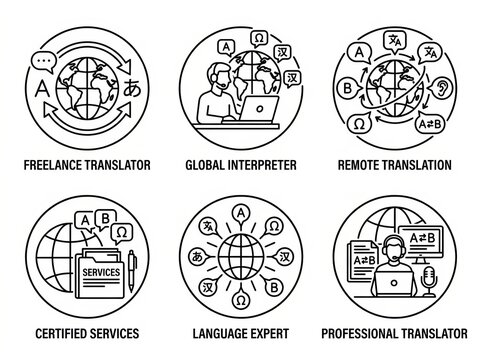 Professional Translation Services Icons for Global Communication.