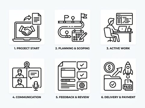 Project Management Workflow Stages Process Icons.