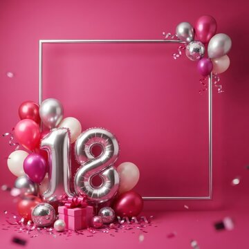 Eighteenth Birthday Celebration Background with Silver Balloons and Pink Gift Box