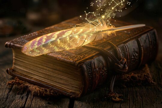 Glowing Feather Resting on an Ancient Leather Bound Book