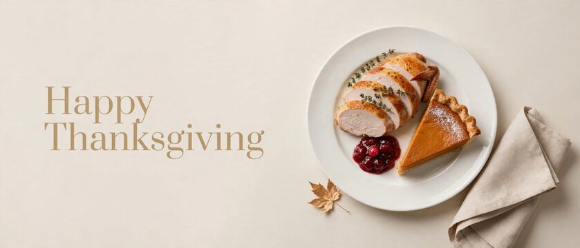 Thanksgiving feast beautifully arranged plate roast turkey pumpkin pie festive decorations autumn dinner celebrations