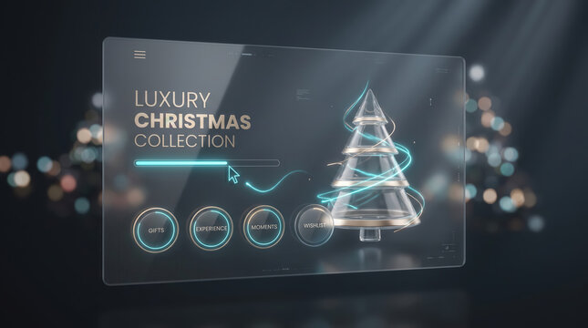Futuristic luxury Christmas website UI display with glowing glass tree and menu icons